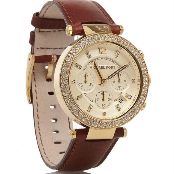 NIB - MICHAEL KORS Watch Gold tone, Brown Leather Strap with Crystals - Picture 3 of 9